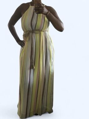 Forever 21 Striped Halter Maxi Dress in Lime, Pastel Pink & Cream